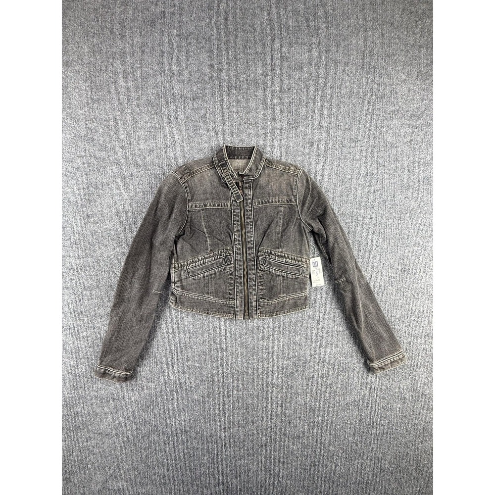 Y2K Gap Jacket‎ Womens XS Gray Denim Full Zip Buckle Collar Cropped Moto Stretch